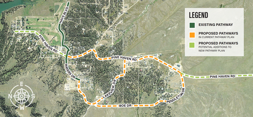 Legend: Dark Green: Existing Pathway; Orange: Proposed Pathways in current pathway plan; Light Green: Proposed Pathways that are potential additions to new pathway plan.
                                        Dark green on Hays Blvd and Waters Dr., Light Green on Pine Haven Rd, and orange on pine haven rd, Lakeview Dr, and Pendleton Dr.